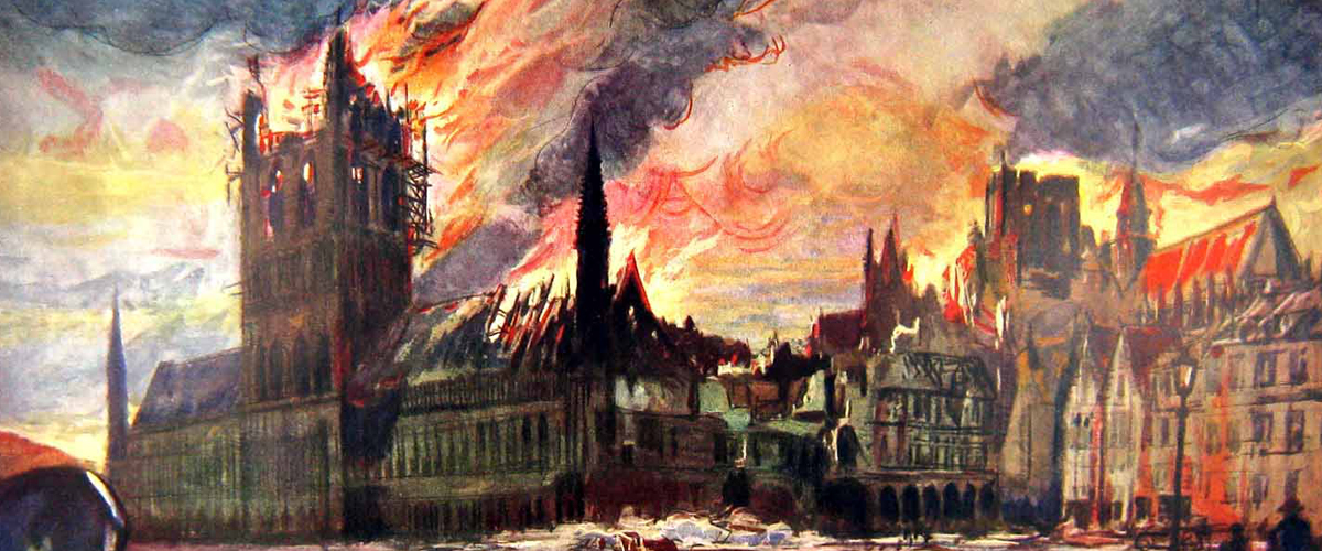 The Cloth Hall and Cathedral in fire The Cloth Hall and Cathedral in fire